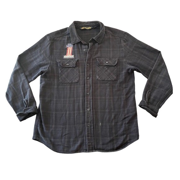 HARLEY DAVIDSON Plaid Button Front Shirt Flannel Patch American Flag - Picture 1 of 10